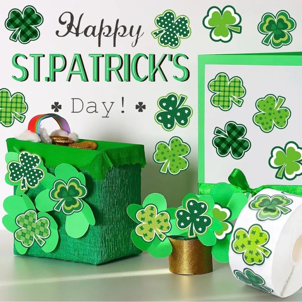 50 Count - Festive Shamrock, Clover Stickers, Variety, Green, White, 1.5 inches
